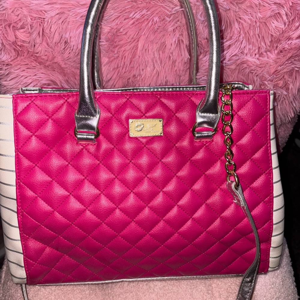 Betsey Johnson hot pink quilted and silver side striped tote
